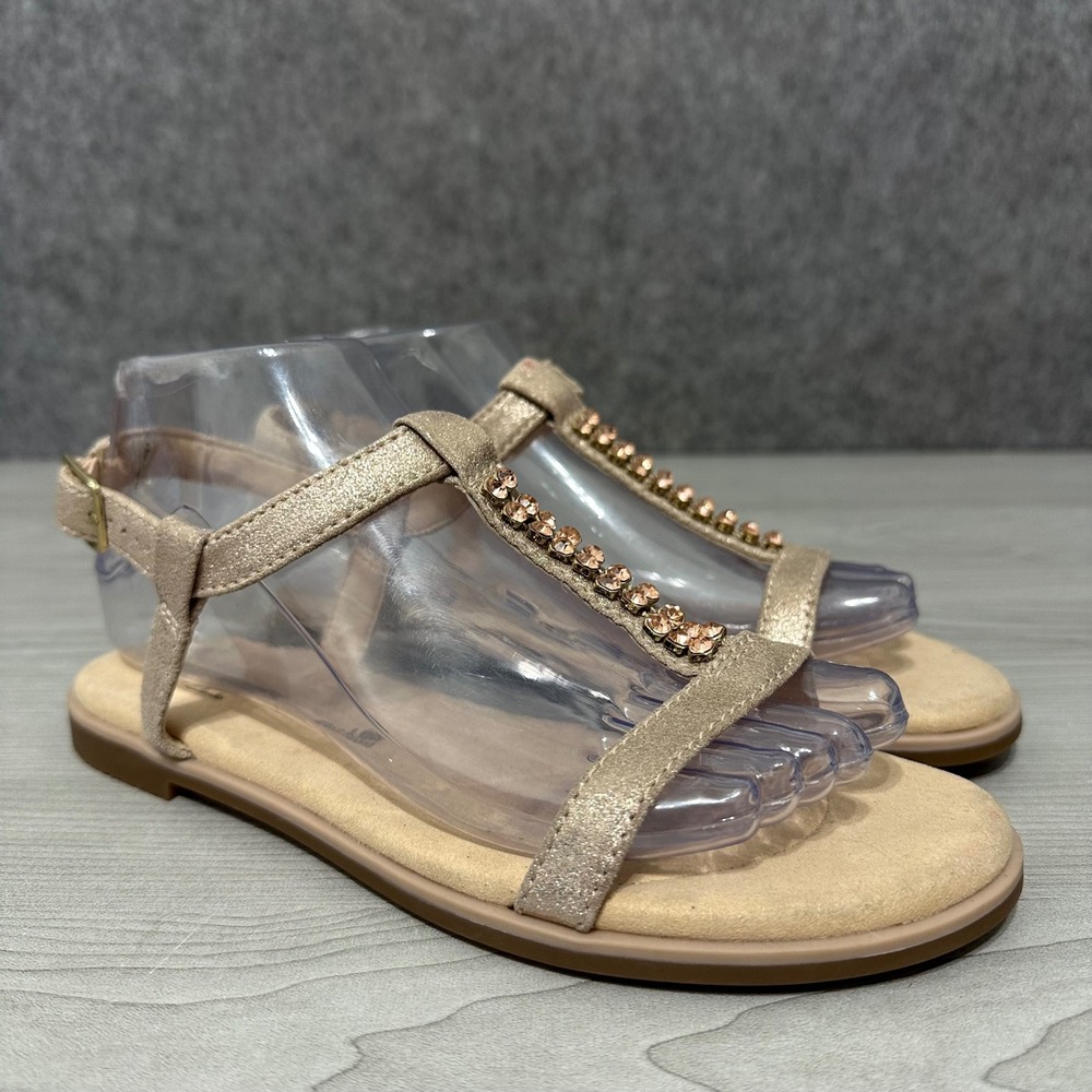 Clarks Bay Rosa Champagne Metallic Women's Sz 7 T-Strap Rhinestone Sandals